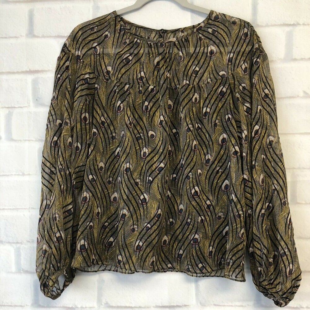 Traffic People Blouse Long Sleeve Peacock Sheer S - Picture 2 of 6